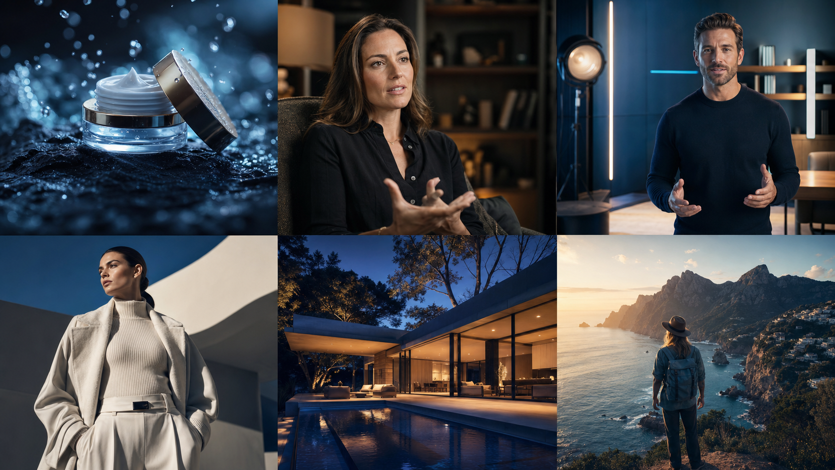Six cinematic EgaClip production styles: product, documentary, presenter, fashion, property, and travel